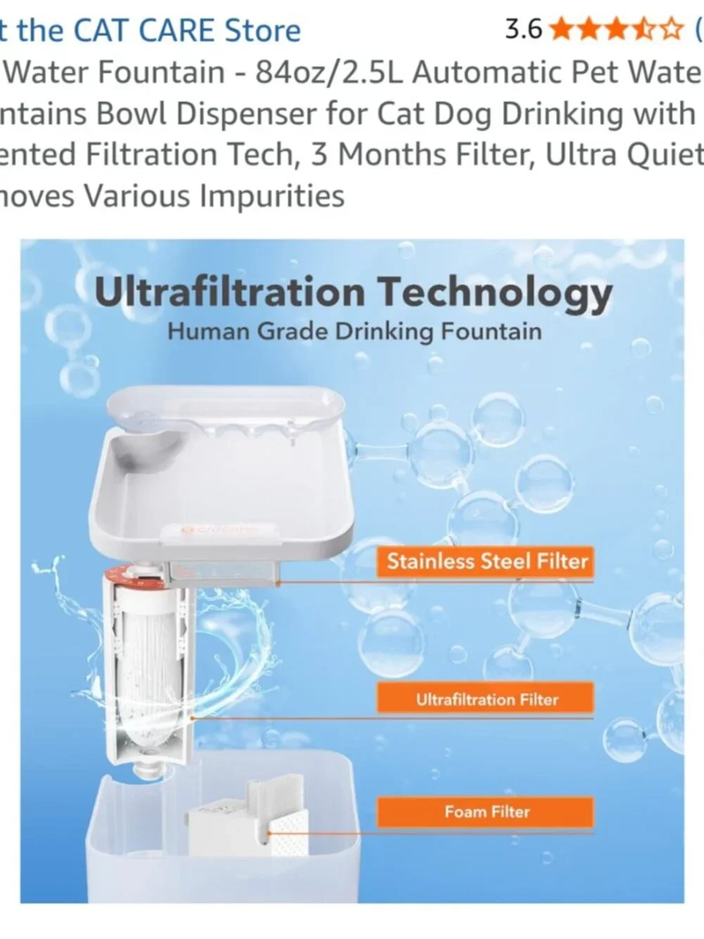 CAT CARE Pet Water Fountain, 84oz/2.5L Capacity, Includes 4x Filters USED DISCON